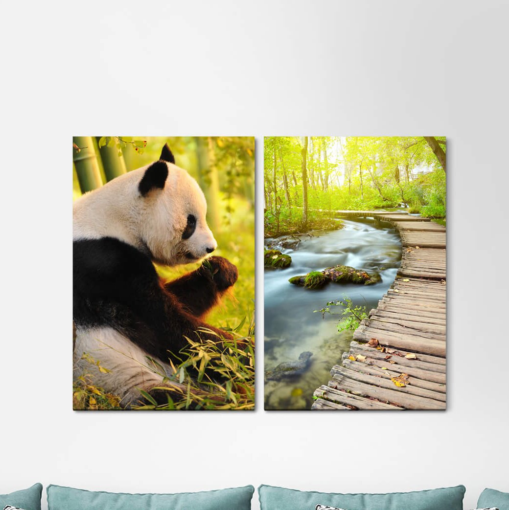 2-tlg. Leinwandbilder-Set - Fotografie „Panda Bamboo Asia Woodpath Stream Green Harmony”