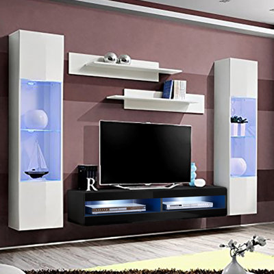 100" Modern Floating Wall Mounted Entertainment Center with 16-Color LED Lighting, High Gloss Finish