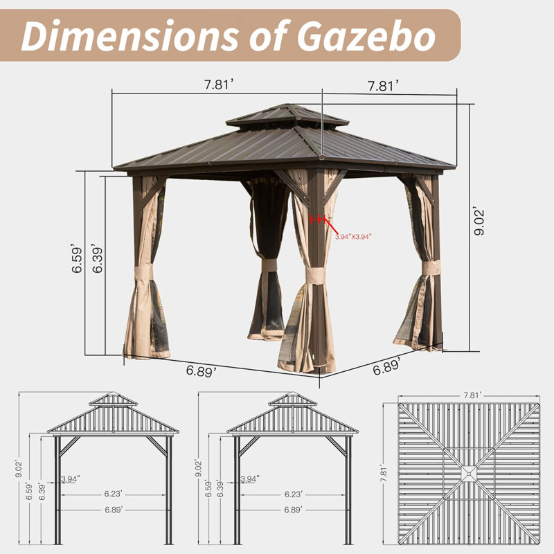 Hardtop Gazebo, Aluminum Metal Gazebo With Galvanized Steel Double Roof Canopy, Curtain And Netting, Permanent Gazebo Pavilion For Patio, Backyard, Deck, Lawn
