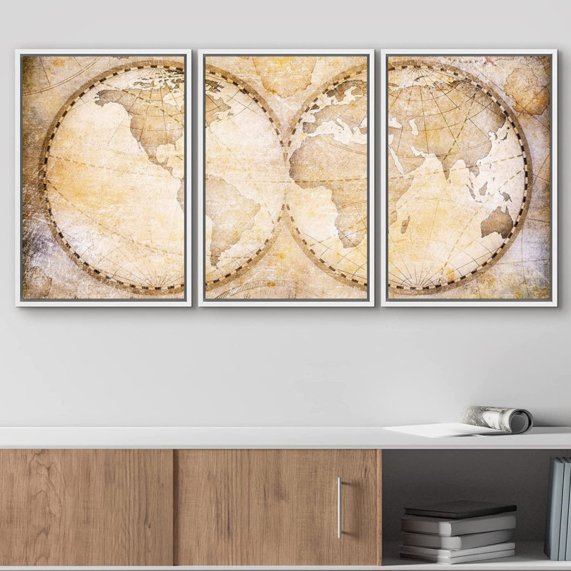 «World Map Antique Global of the Earth», ensemble de 3 reproductions d'art encadrées sur toile, H 36 po x l 72 po x P 1,5 po