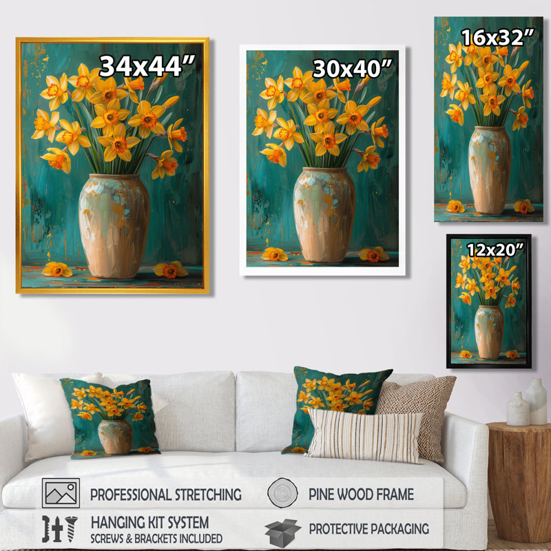 Bloom, orange, nature morte, jonquilles III - jonquilles, art mural, H 16 po x l 32 po, Cadre flottant brun