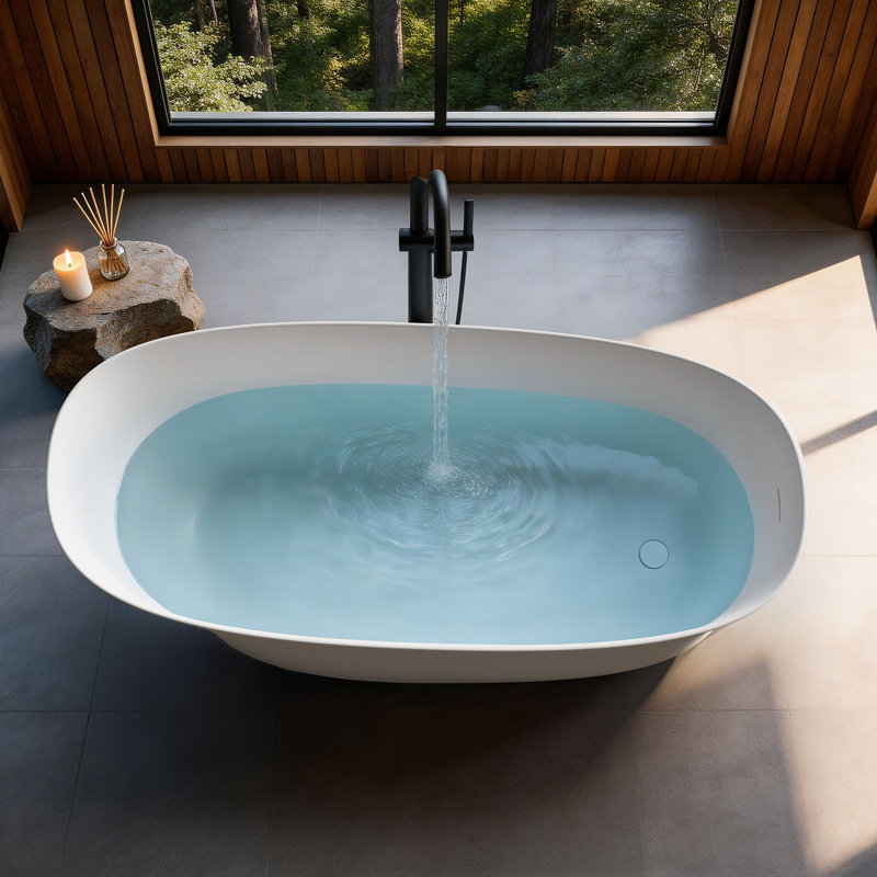 PetalEdge 67"×30" Freestanding Solid Surface Resin Stone Bathtub, 14.5" Deep Soaking Tub with Overflow, Pop-Up Drain