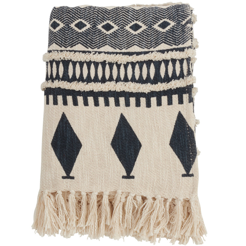 Bohemian Navy and Beige Cotton Fringed Throw Blanket