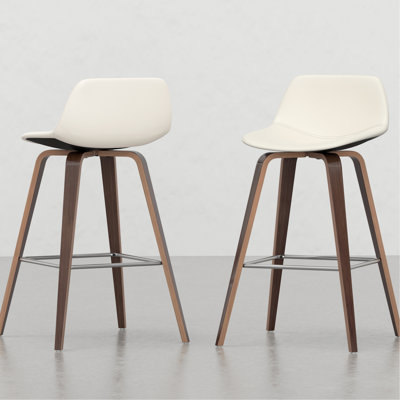 2 tabourets de style Mid-Century moderne - Crème, repose-pieds, pieds en placage brun, 2 comptoir / tabouret de bar, dossier, repose-pieds, décoration intérieure
