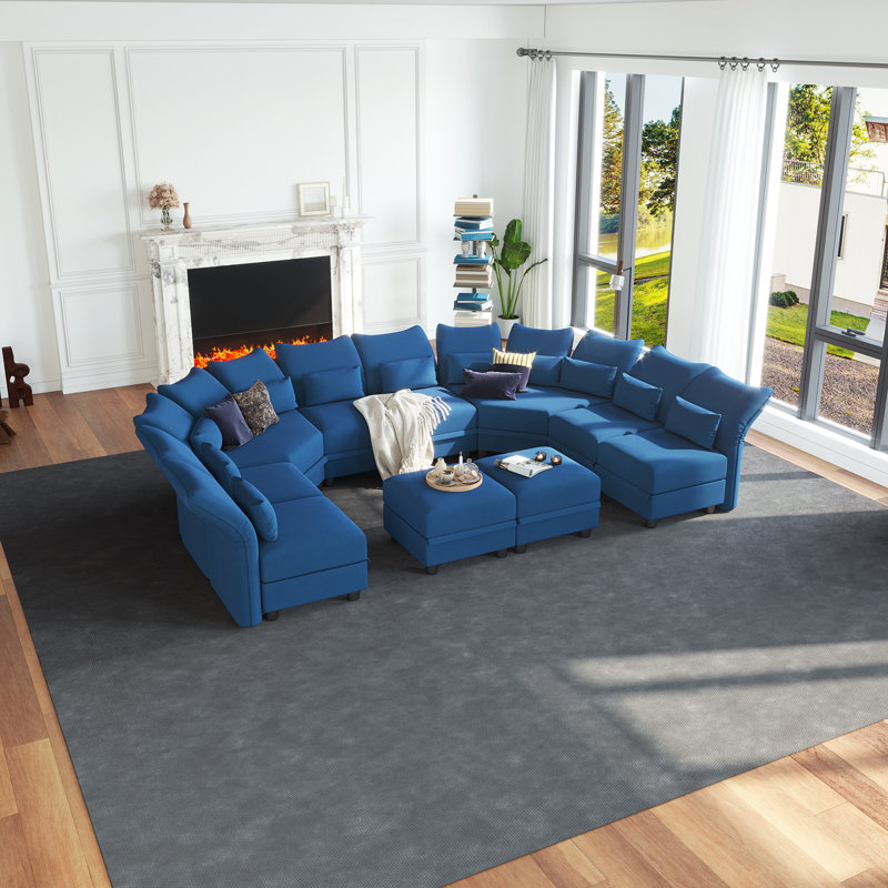 Bernel 130" Wide Chenille Modular Sectional with Ottoman, Blue Microfiber/Microsuede