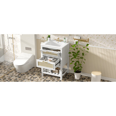 Meuble-lavabo de 24 po avec lavabo intégré en céramique, meuble-lavabo à 1 tiroir profond, 1 tiroir basculant et meuble-lavabo simple pour les petites et moyennes toilettes