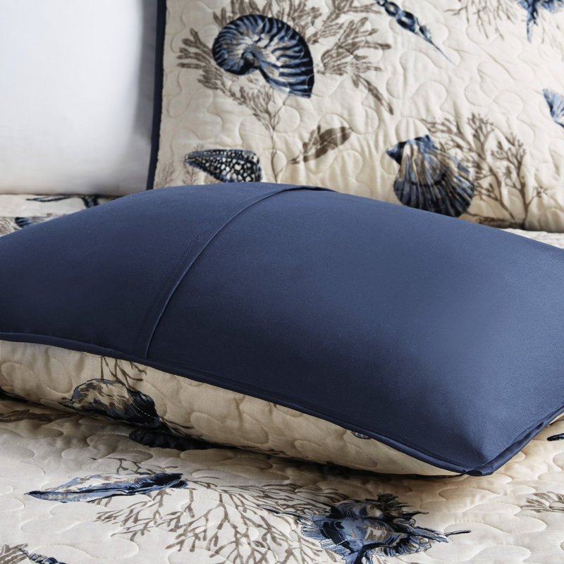 Courtepointe en microfibre pour très grand lit, bleu, avec imprimé coquille et coussins, très grand, bleu