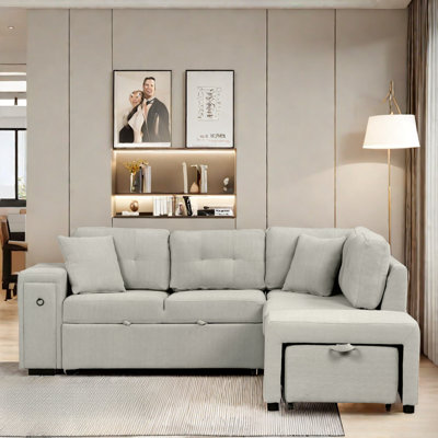 Canapé-lit modulaire escamotable avec repose-pieds mobile, ports USB et table rabattable avec porte-gobelets
