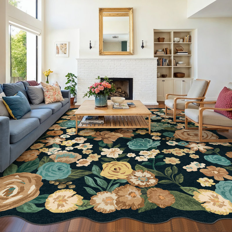 Johy Modern Floral Machine Washable Area Rug with Non-Slip Backing, Rectangle 9' x 12'