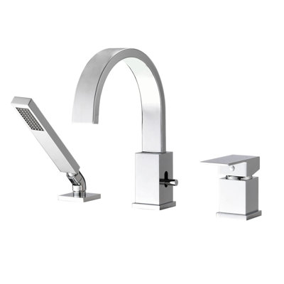 Waterfall Bathtub Faucet With Sprayer, 3-Hole Roman Tub Filler With Hand Shower Deck Mount Waterfall Tub Spout Set