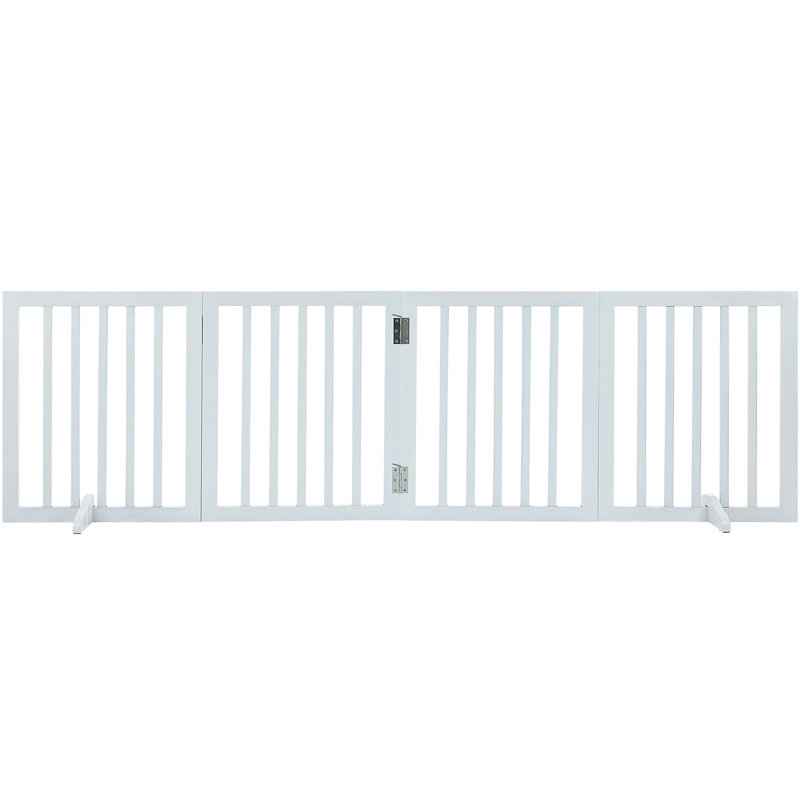 Barrière pliante pour chien autoportante à 4 panneaux, 24 po de hauteur et 80,3 po de largeur, extensible pour les espaces intérieurs, bois massif blanc avec support de pied silencieux, panneaux de barrière larges, escaliers,
