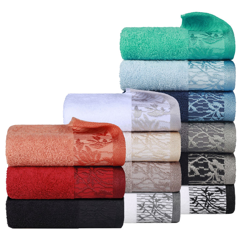 Carinna Cotton Medium Weight Floral Jacquard Border Assorted Bathroom Towel Set, Garnet, 8 Piece Towel Set