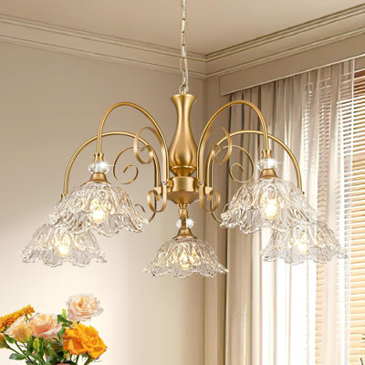 5-Light Vintage Chandeliers in Matte Brass Finish with Crystal Glass Shades