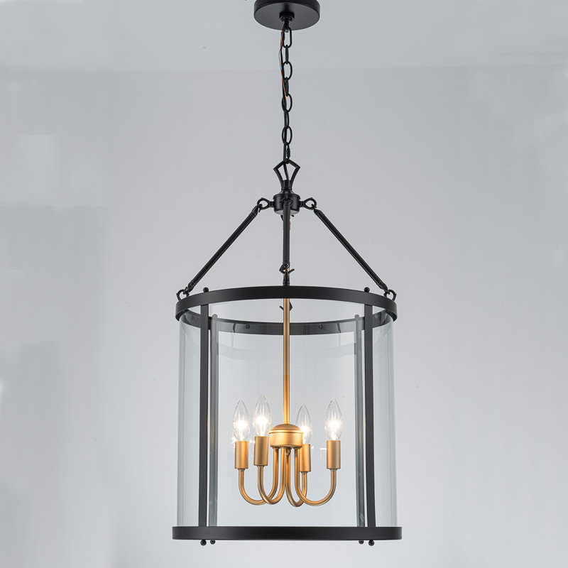 Qudarius 4 - Light Lantern Cylinder Chandelier, Matte Black/Gold, Transparent