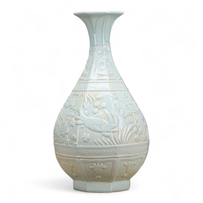 Carved Octagonal Porcelain Vase with Lotus and Fish Motif Celadon Glaze
