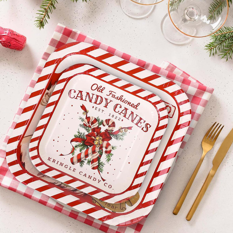 40 PCS Christmas Vintage Retro square paper plates 7 9 inch Santa Candy Cane Stripe disposable plates holiday party table supplies