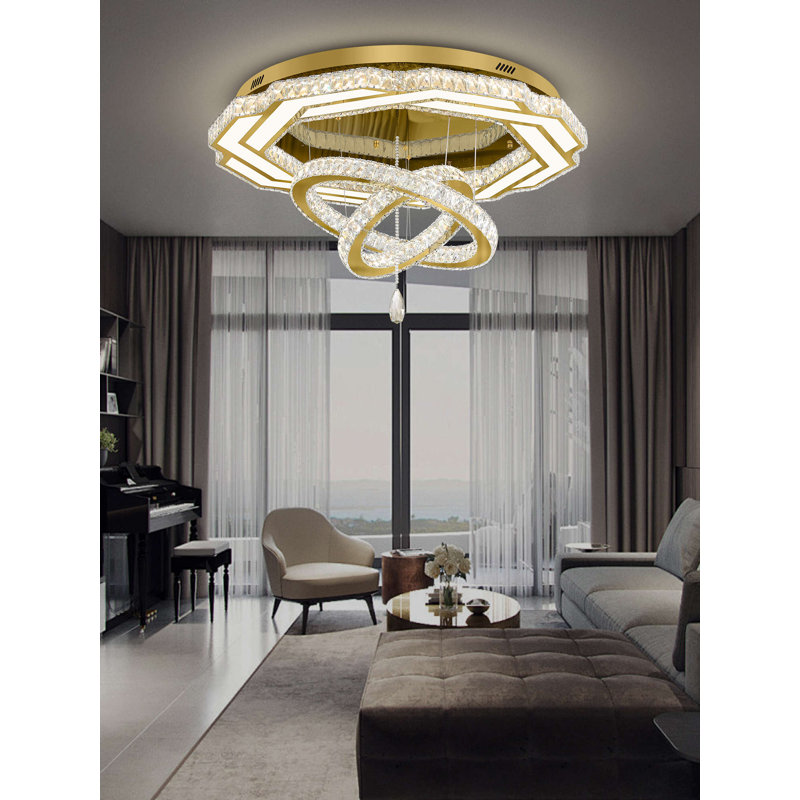 Crystal Chandeliers Dia 32" Gold Elegant Chandelier Flush Mount Ceiling Light for Bedroom Living Room Dining Room Hallway Dimmable 3 Rings LED Celing Lighting Fixtures