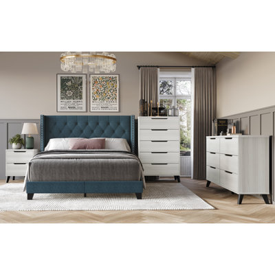 Ensemble de chambre à grand lit à oreilles avec commode et commode Castle Lin