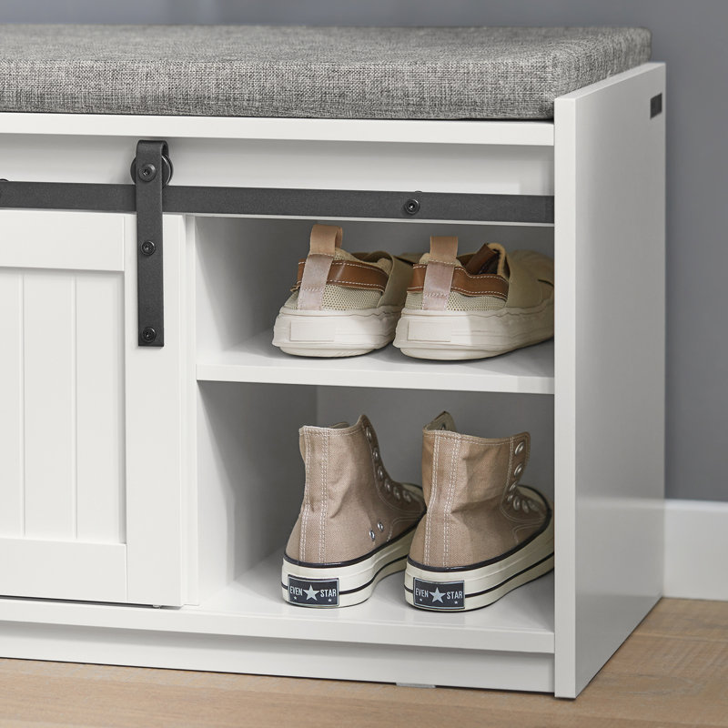 Storage Bench Shoe Bench White Wooden with Sliding Barn Doors,Upholstered Entryway Bench with Storage,for Hallway Entrance,47.24"W x 13.78"D x 17.72"H