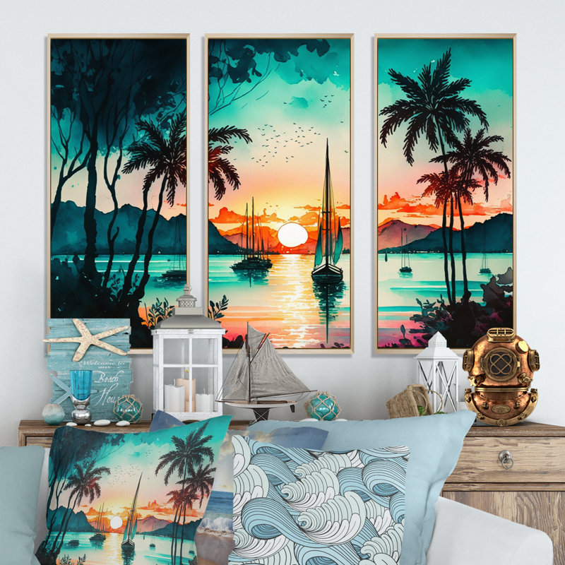 «Salchers Sunset At The Tropcal Bay», reproduction sur toile 3 pièces, L 36 po x H 20 po, Toile avec cadre brun