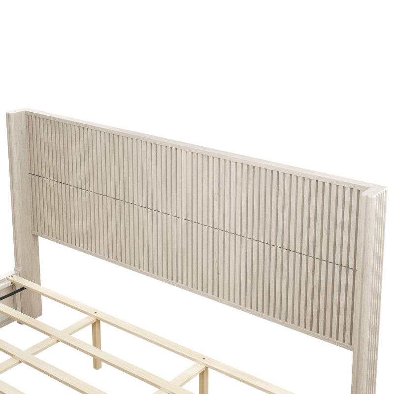 Structure de lit plateforme en bois massif avec tête de lit, lit sur pied, assemblage facile, Très grand lit, Beige