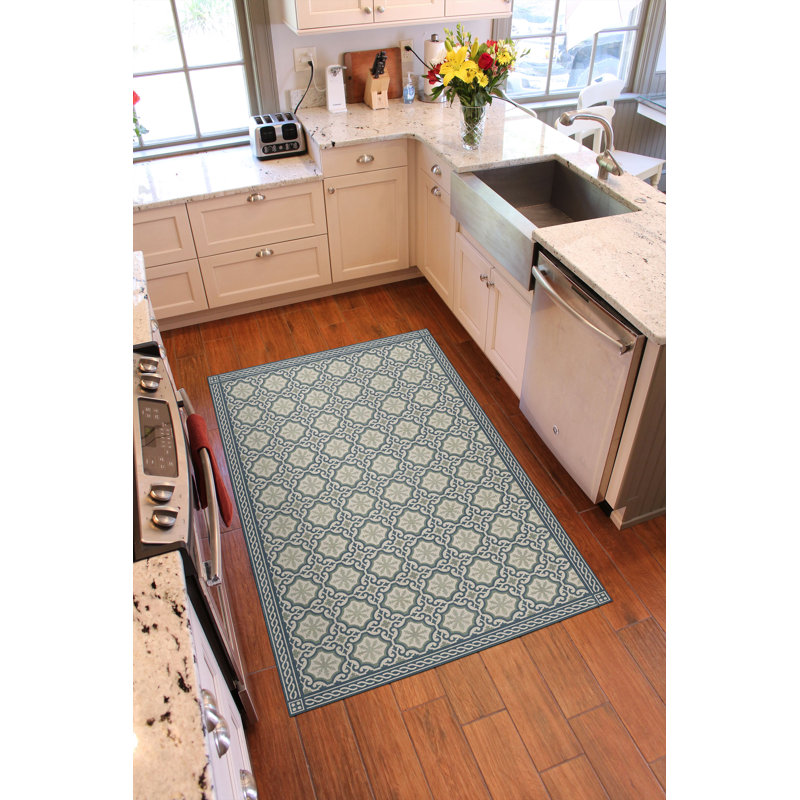 Tapis de cuisine à profil bas Un-Rug Chelsey de Matterly, Rectangle 3 pi 10 po x 5 pi 9 po, Bleu/beige/vert