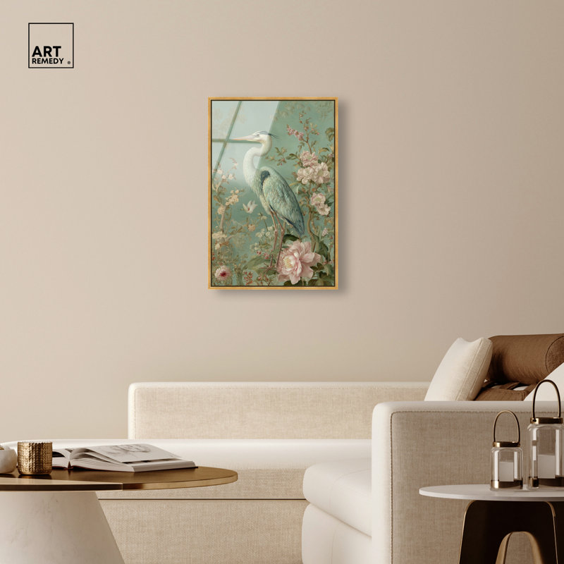 «Chinoiserie Heron II», reproduction d'art acrylique encadrée par Art Remedy, cadre doré, 24 x 36, 37"H x 25"W