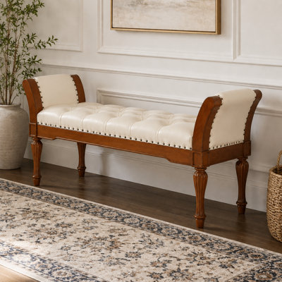 Vintage Style Button Tufted PU Leather Ottoman Bench with Nailhead Trim and Curved Arms for Bedroom Entryway Living Room Foyer and Dining Room
