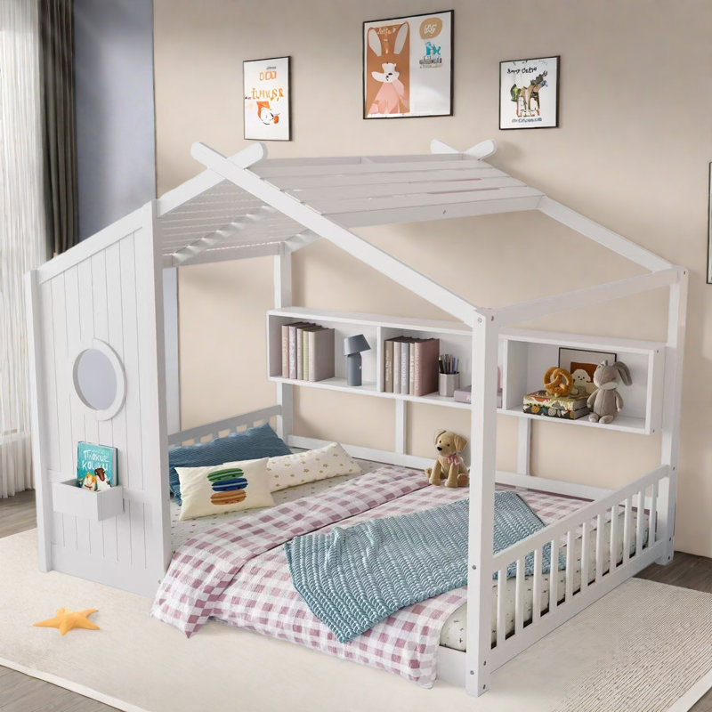 Lit sur pied avec tablettes de rangement, Blanc, Double