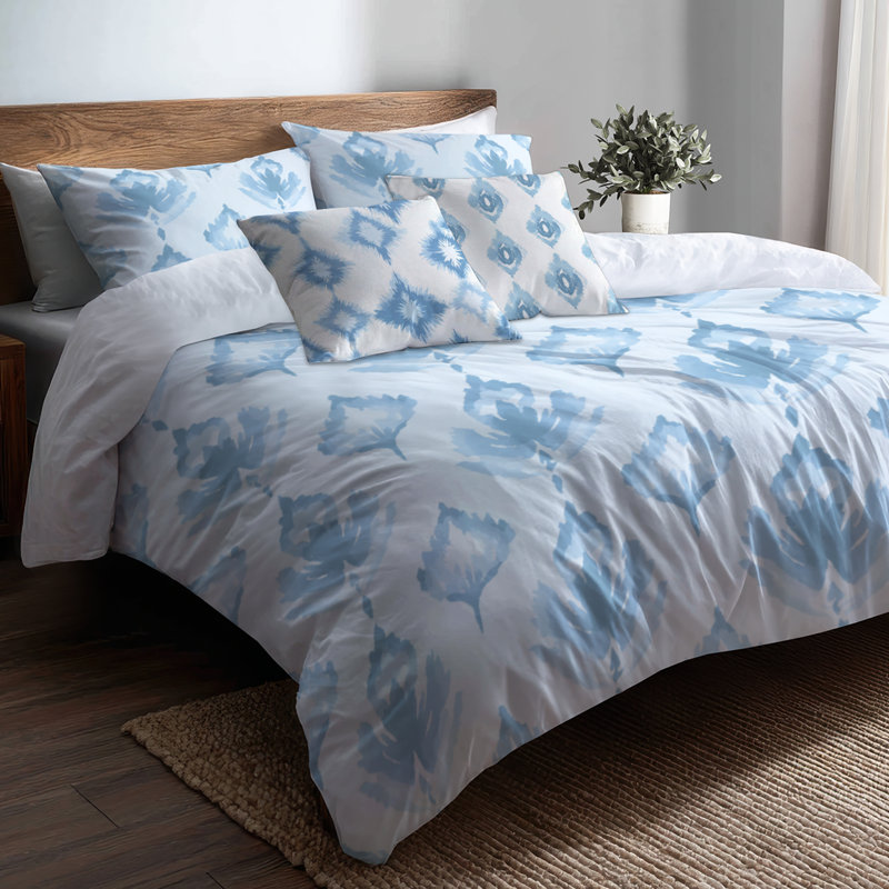 Ensemble de literie moderne 5 pièces - Ensemble de housse de couette et coussin décoratif scandinave bleu et blanc
