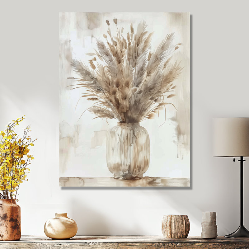 Beige blanc Boho Plant Chic I - Boho Feather Wall Art Living Room, H 12 po x l 20 po, Métal métal