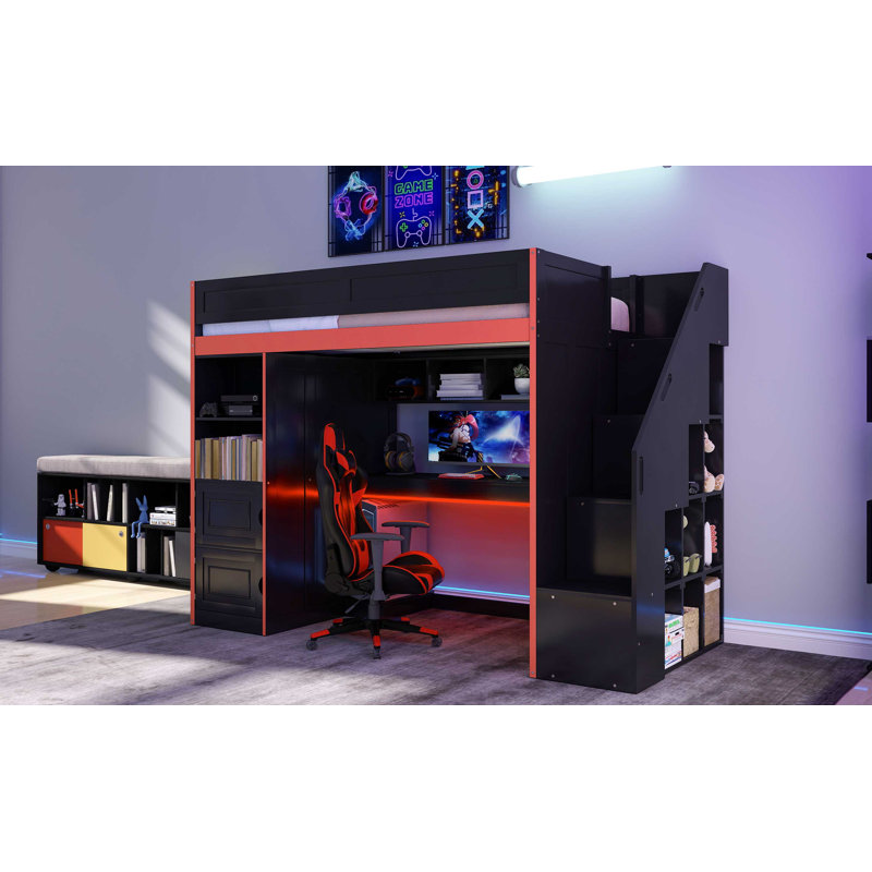 Lit mezzanine Croton Gaming avec bureau, rangement et lumières DEL