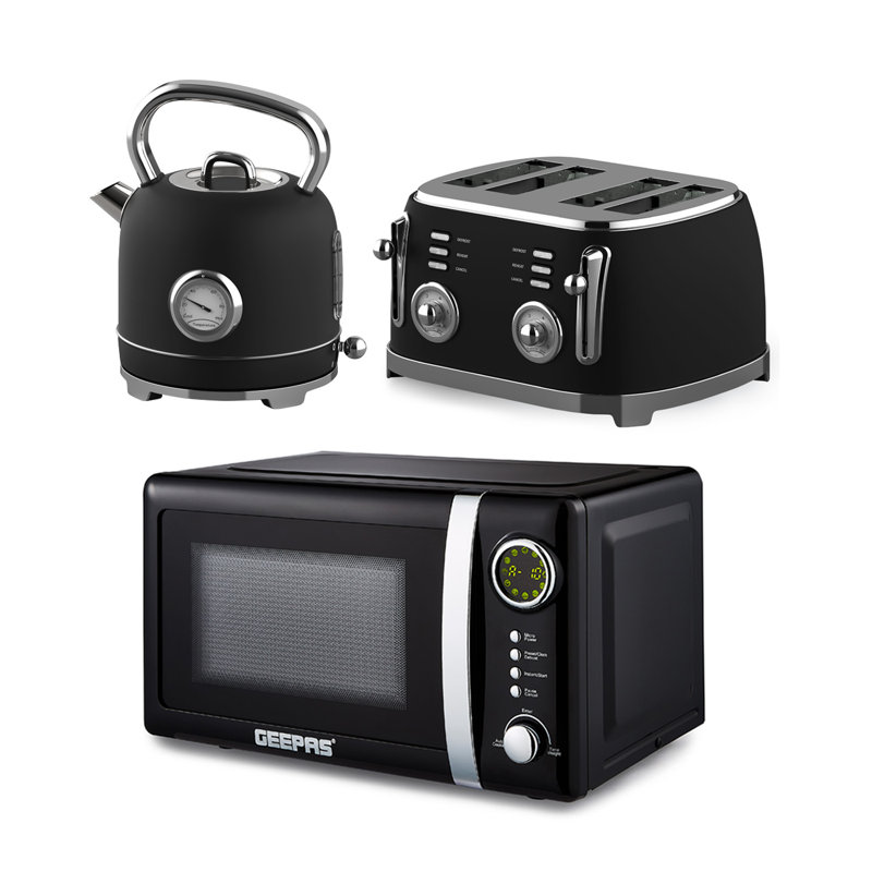 GEEPAS Retrovive 1.8L Electric Kettle, 4 Slice Bread Toaster & 20 Litre 700W Digital Freestanding Microwave Oven Kitchen Combo Set | 3000W Vintage Cordless Kettle | Defrost/Reheat/Cancel 1500W