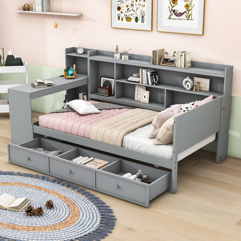 Assante Daybed with Integrated Desk and Built-in Storage Drawers, Gray, Twin