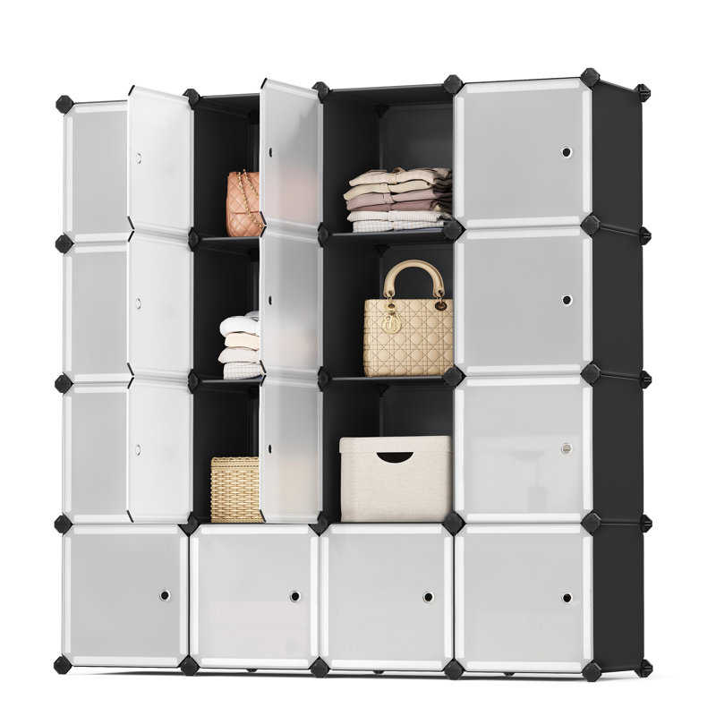 Cube Storage Organizer, Set Of 16 Plastic Cubes, Closet Storage Shelves, DIY Plastic Closet Cabinet, Modular Bookcase, Shelving With Doors For Bedroom, Living Room