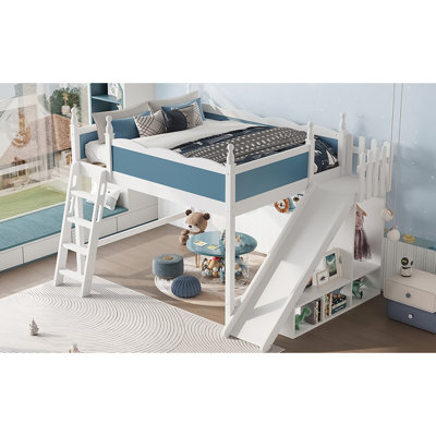 Grand lit mezzanine avec rangement, bleu et blanc, glissière amovible, structure en bois de pin, sans sommier, design ludique et fonctionnel, conception peu encombrante