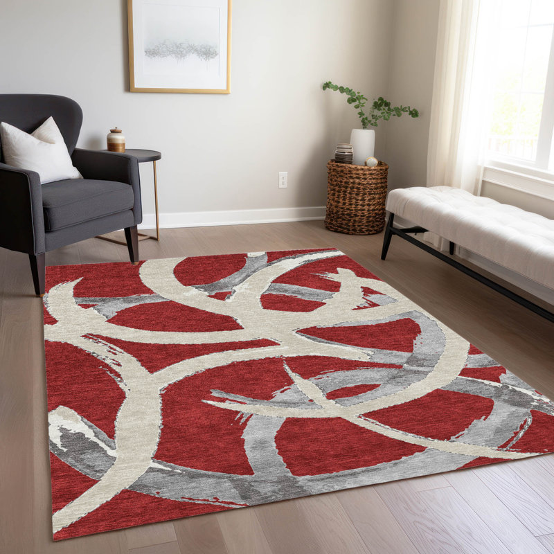 Red Synthetic Rectangular Washable 5' x 7' Area Rug