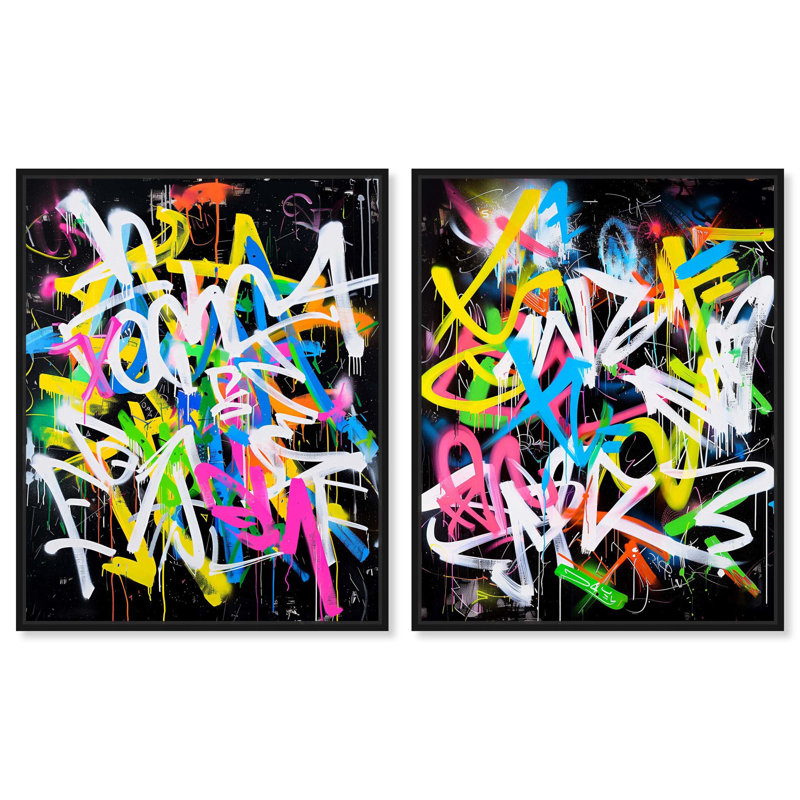 "Urban Evasion", ensemble de 2 toiles d'art moderne , Cadre flottant noir, H 20 po x l 16 po