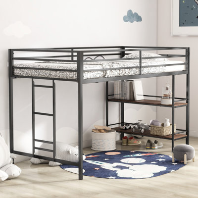 Lit mezzanine simple - structure en métal noir, tablette, bruit, pour économiser de l'espace dans la chambre à coucher avec tablette en bois fonctionnelle