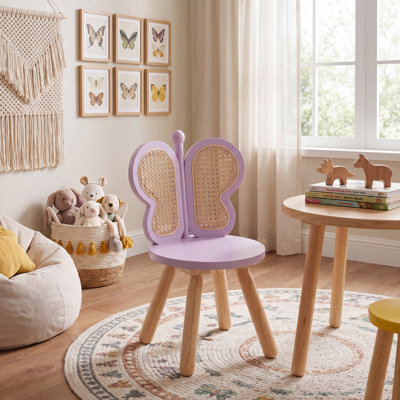 Kids' Butterfly Wooden Stool – Rattan Woven Wings with Solid Wood Legs & Adjustable Feet – Colorful Toddler Seat