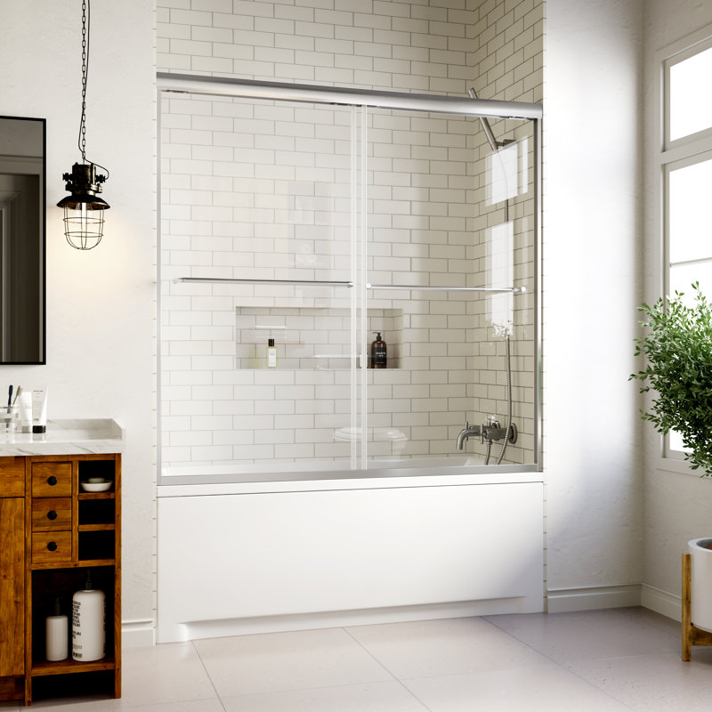 56" - 60" W x 58" H Double Sliding Semi-Frameless Tub Door with 1/4" (6mm) Clear Tempered Glass, Chrome