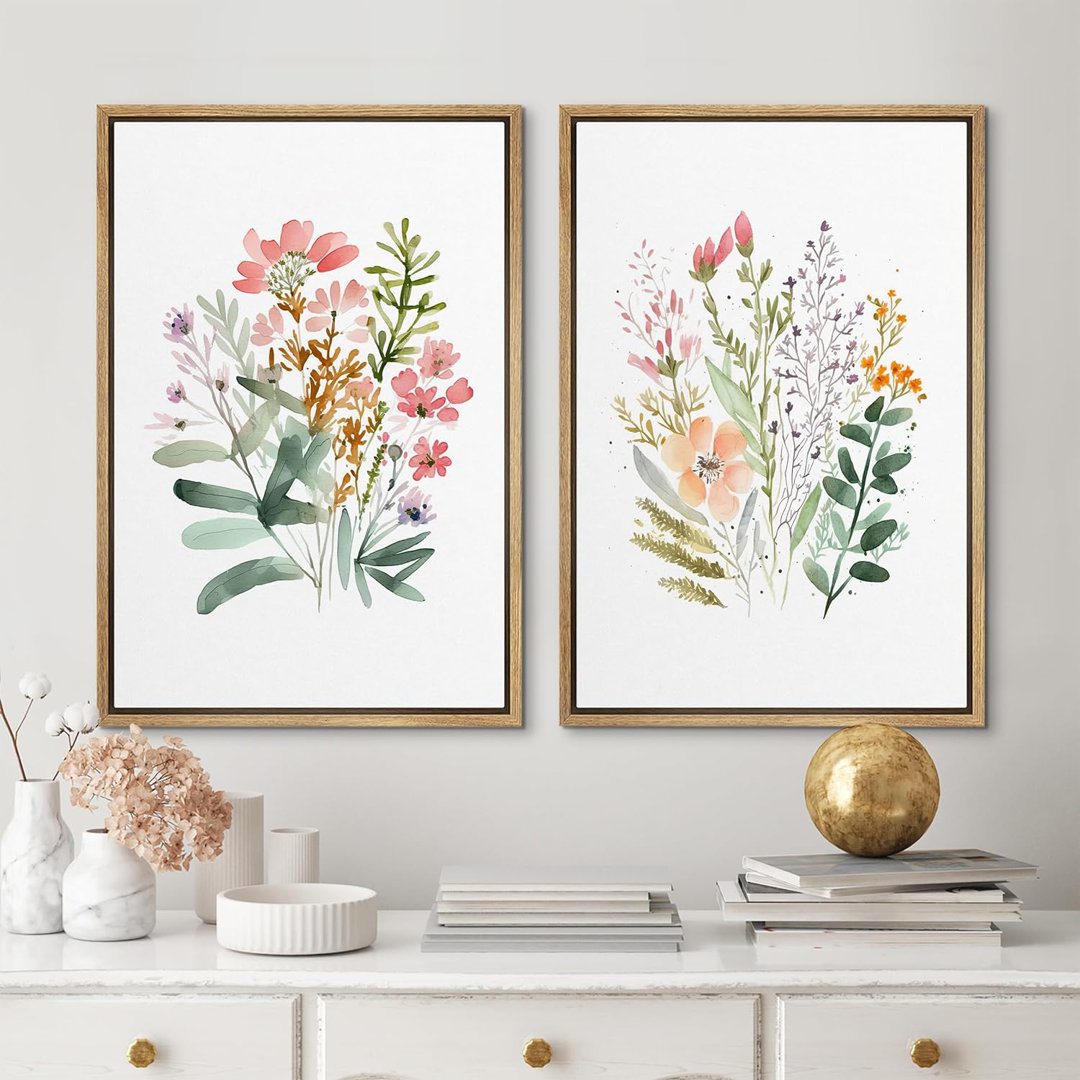 Vibrant Wildflower Boho Floral & Botanical Plant Multicolor Framed On Canvas 2 Pieces Print Large Wall Art IDEA4WALL Frame 