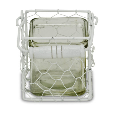 4" White Glass and Metal Lattice Tabletop Lantern Candle Holder
