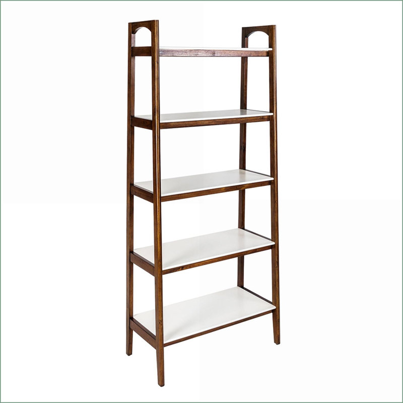 Bibliothèque, panneau de fibres à densité moyenne blanc cassé à 5 tablettes et cadre Mid-Century moderne en bois de pacane | Assemblage facile