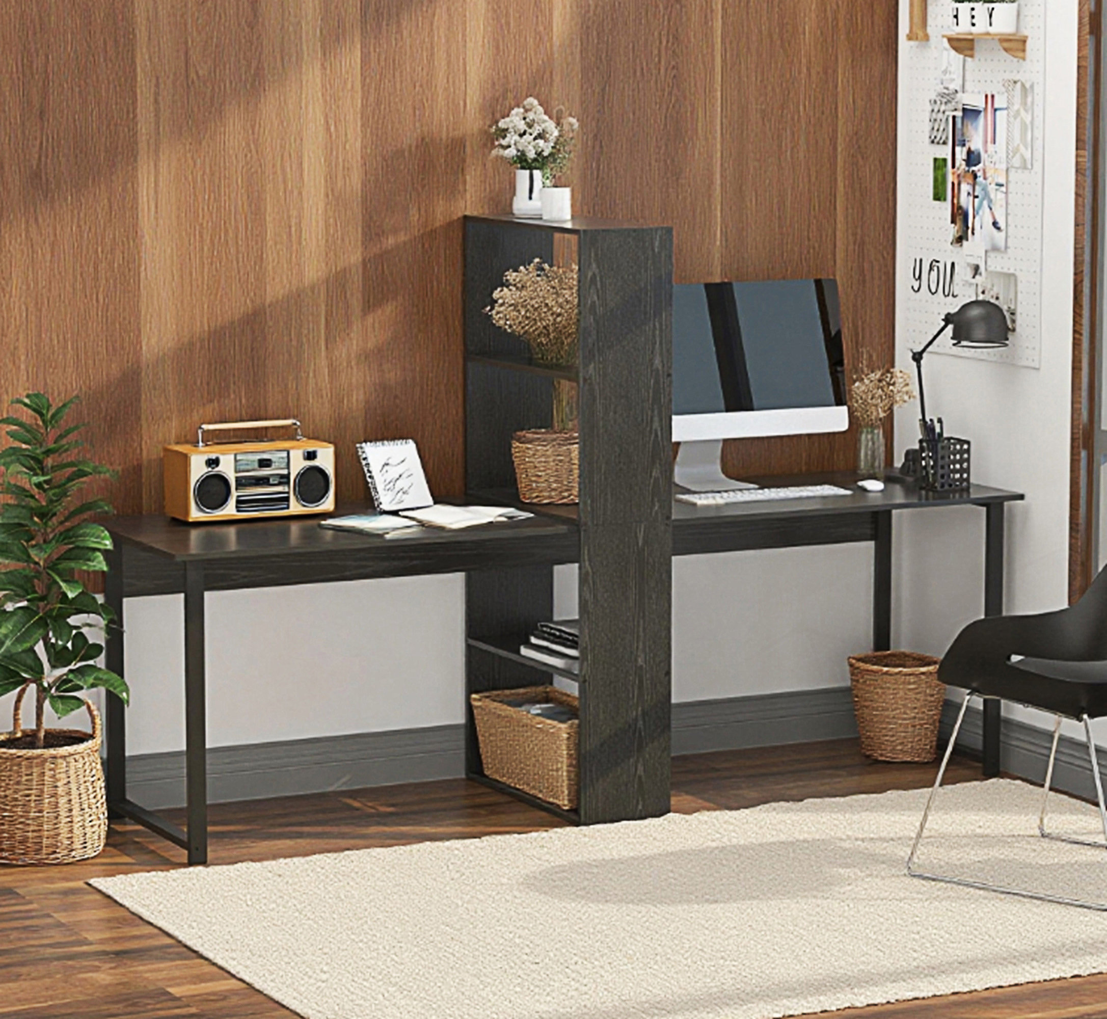 Latitude Run® Long Computer Desk With Storage Shelves Combo | Wayfair
