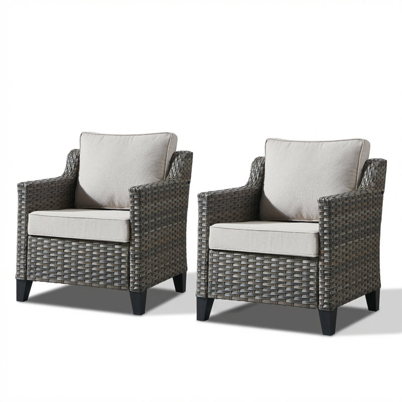 Arlene Outdoor Porch Patio Wicker Lounge Chairs With Cushions, Beige
