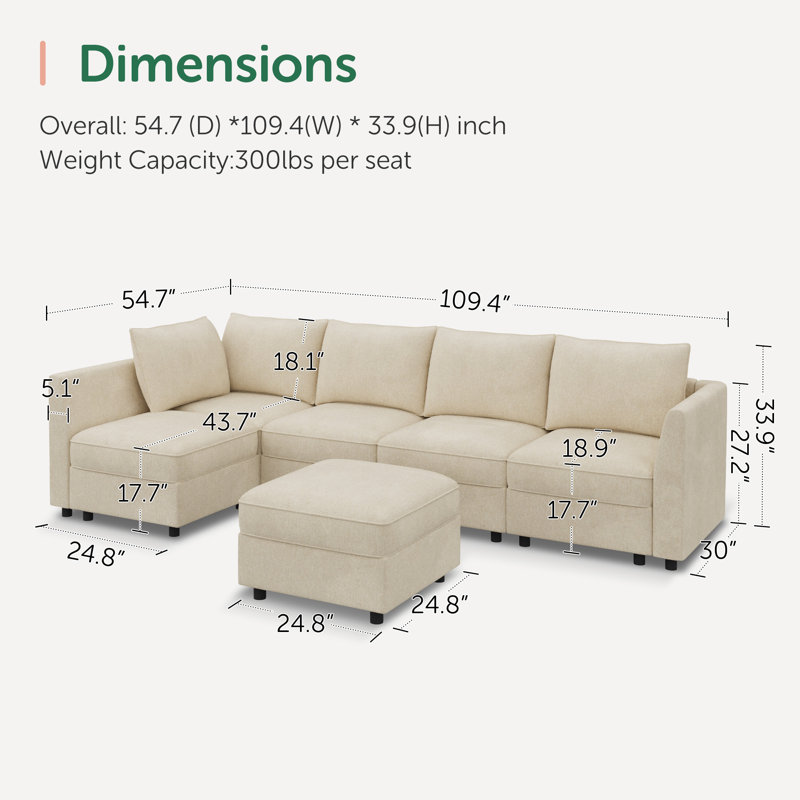 Tremee L-shaped Modular Sleeper Sofa Upholstered Sectional Sofa Couch Beige, Beige Polyester