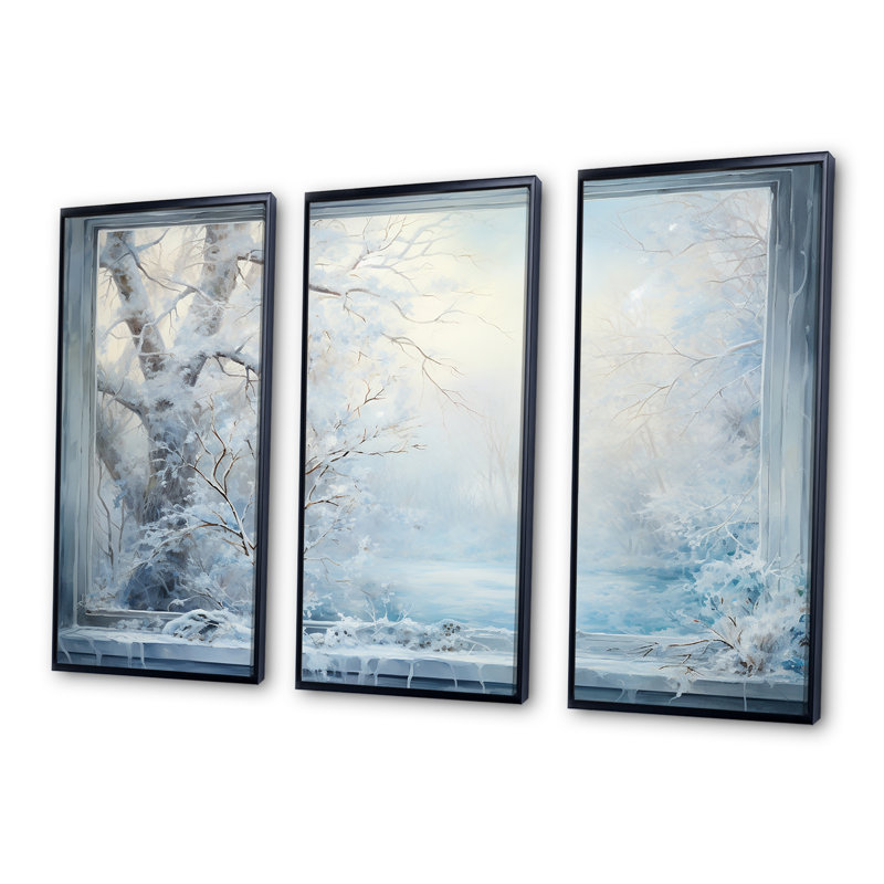 Winter River Window View IV - Winter Landscape, art mural, H 28 po x l 36 po x P 1 po, Cadre flottant noir
