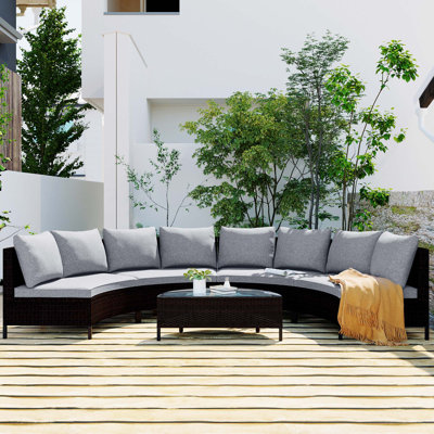 5 Pieces All-Weather Brown PE Rattan Wicker Sofa Set Outdoor Patio Sectional Furniture Set Half-Moon Sofa Set With Tempered Glass Table -  Hokku Designs, 397A27B86ADA4373B205447531B4D503