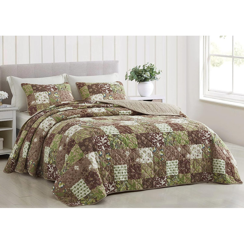 Boho Washed Cotton Floral Printed Patchwork Quilt Set, Brown/Taupe/Green/White, Twin Quilt + 1 Standard Sham
